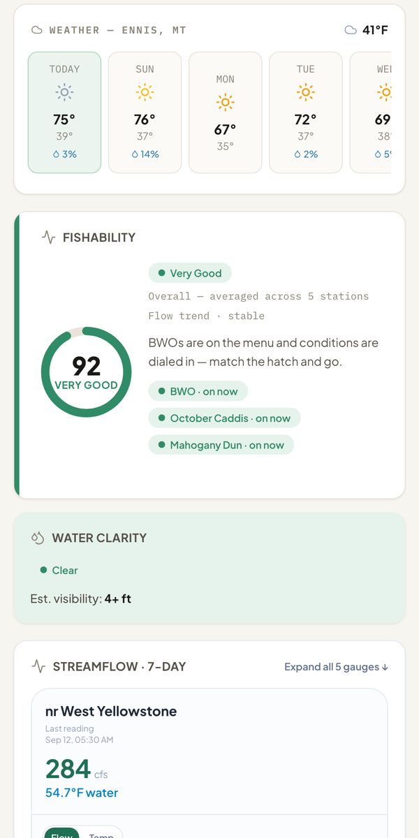 Riverline on a phone: the fishability score, active hatches, and water clarity for the Madison River.